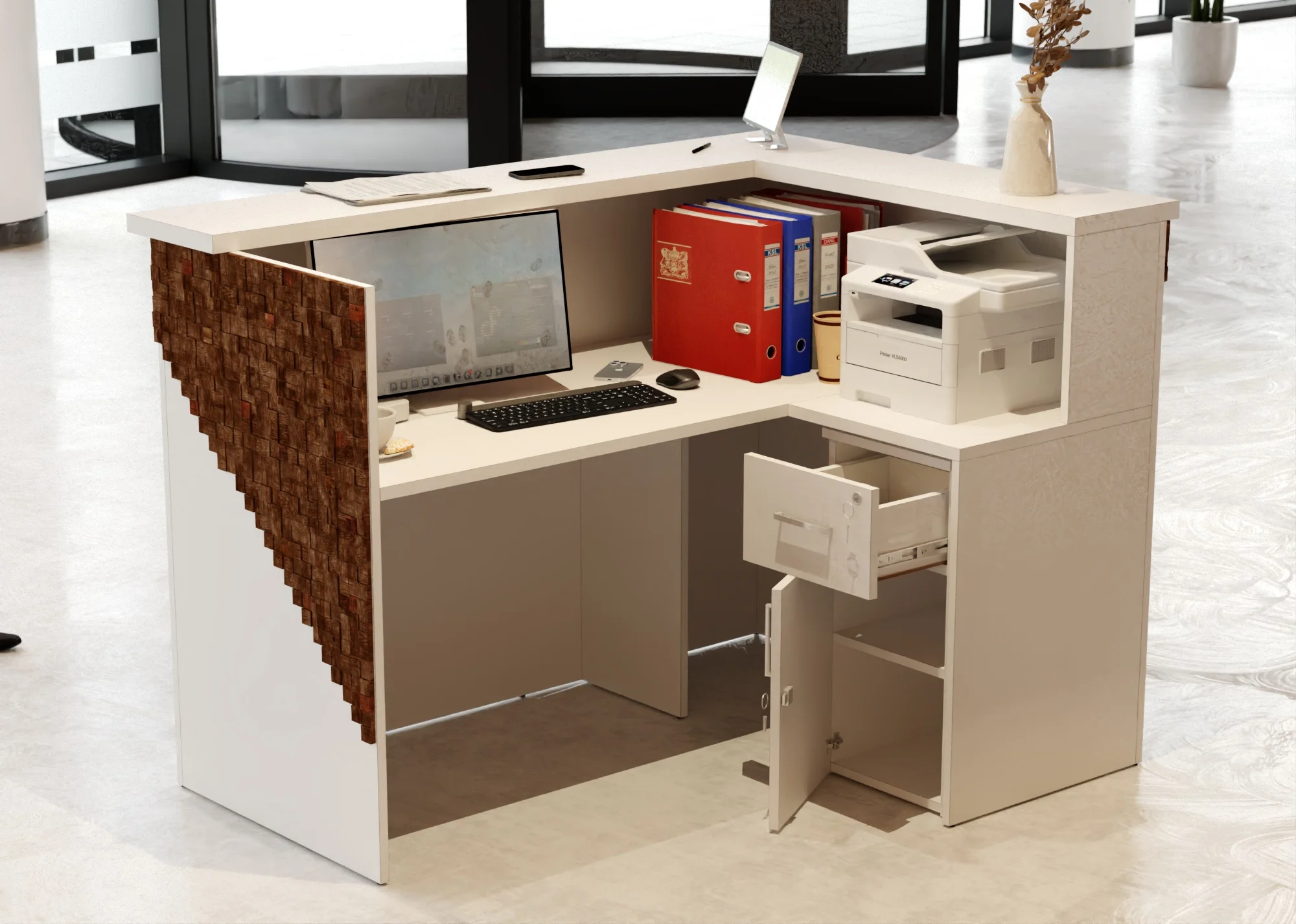 Lada recepcyjna z mozajką drewnianą